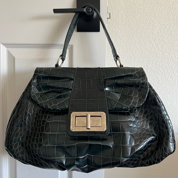 Furla Wally Stamped Green Crocodile Leather Shoulder Bag - Picture 1 of 17